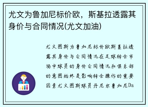 尤文为鲁加尼标价欧，斯基拉透露其身价与合同情况(尤文加油)