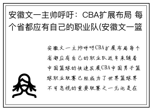 安徽文一主帅呼吁：CBA扩展布局 每个省都应有自己的职业队(安徽文一篮球队队员)